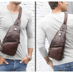 NEW Bullcaptain Brown Leather Sling Messenger Crossbody Bag for Men One Size